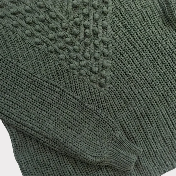 Women's Dark Green Soft Knit Chevron Pom Pom Sweater In Loom Size M/L - Picture 6 of 7